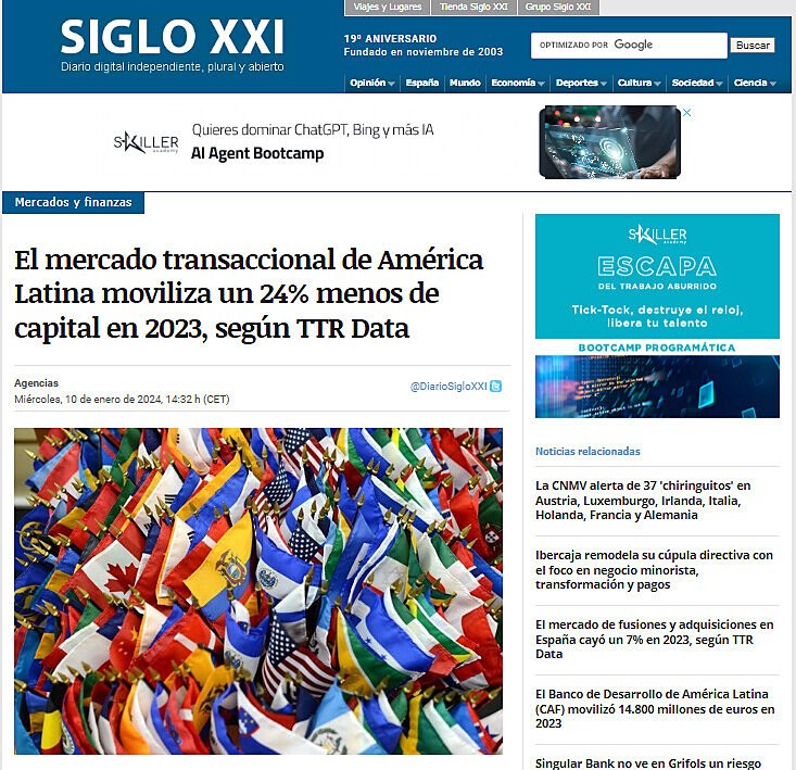 El mercado transaccional de Amrica Latina moviliza un 24% menos de capital en 2023, segn TTR Data